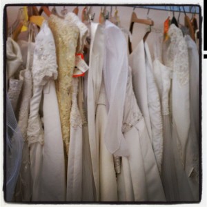 Any type of formal, prom or wedding dress can be manipulated to suit your costume need. You can dye dresses and add on the upholstry fabric/bedskirt/etc. to fit the time period for your play.