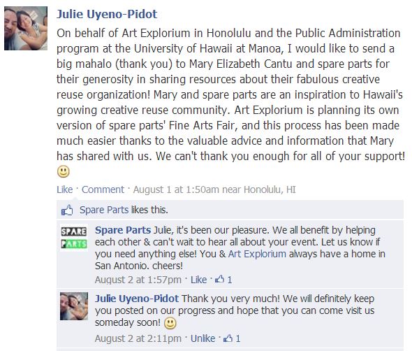 August 1, 2024 Facebook message from Julie Uyeno-Pidot to spare parts.