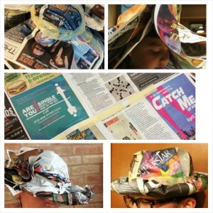 Newspaper Hats! Remove the staples from the Current and tape 2 together long ways. Mold the newspaper around your friend's head and tape it securely so that it fits to size. Then get creative! Look at these 2 different hat examples.